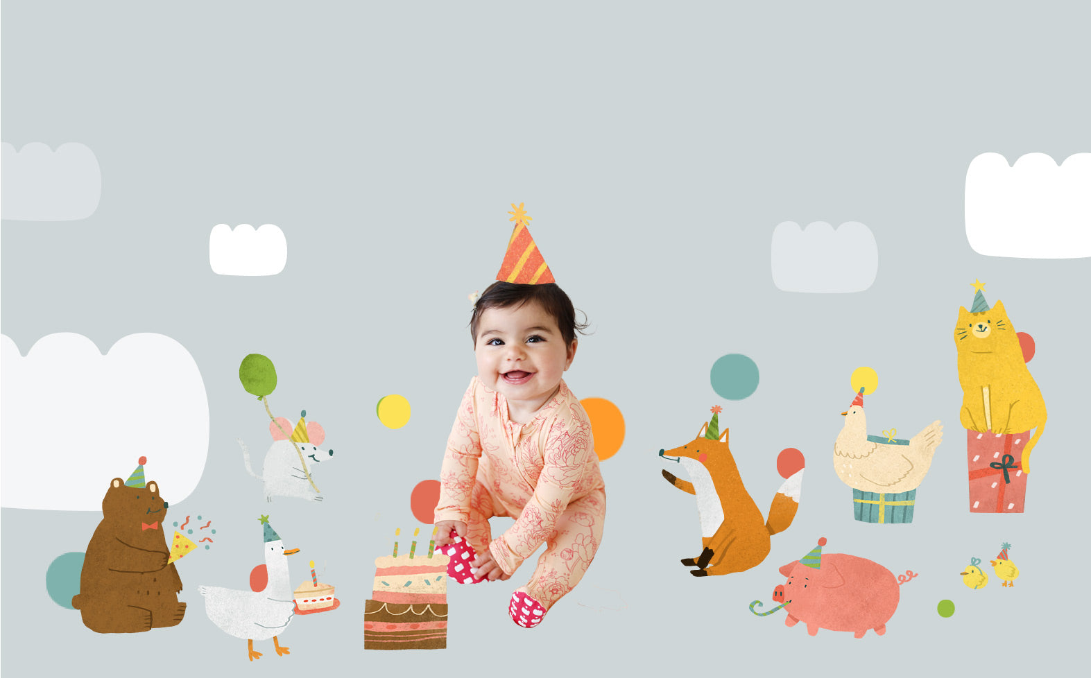 Baby in a party hat surrounded by cartoon animal characters on a light gray background