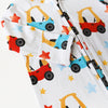 Children's onesie with colorful car and star pattern on a white background
